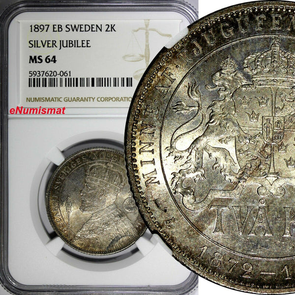 SWEDEN Silver Jubilee Oscar II 1897 EB 2 Kronor NGC MS64 NICE TONED KM# 762 (61)