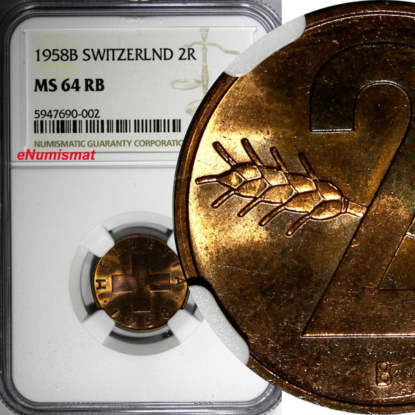 Switzerland Bronze 1958 B 2 Rappen NGC MS64 RB Wheat spike KM# 47 (002)
