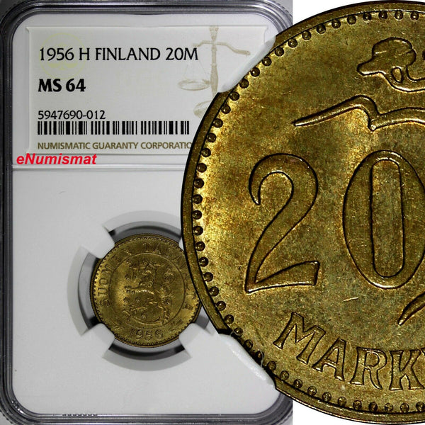 Finland Aluminum-Bronze 1956 H 20 Markkaa NGC MS64 TOP GRADED BY NGC KM# 39 (12)