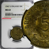 Finland Brass 1947 S 5 Markkaa NGC MS63 1 GRADED HIGHEST KM# 31a (013)