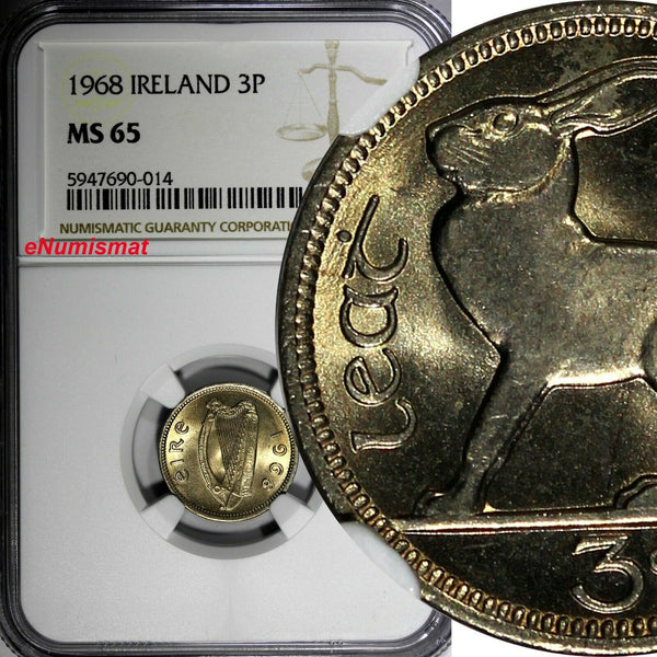 Ireland Republic Copper-Nickel 1968 3 Pence NGC MS65 LAST YEAR TYPE  KM# 12a (4)