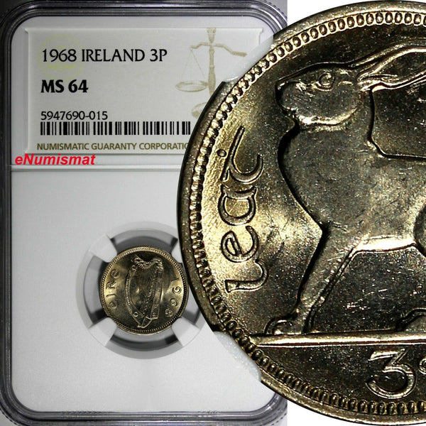 Ireland Republic Copper-Nickel 1968 3 Pence NGC MS64 LAST YEAR TYPE KM# 12a (15)