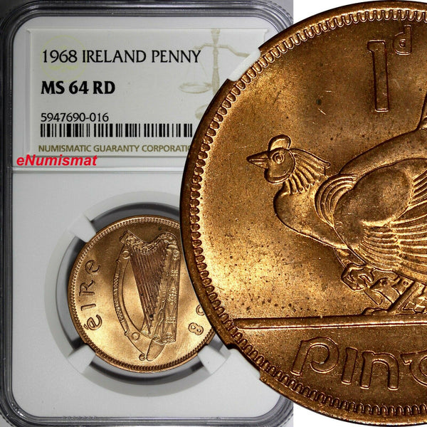 Ireland Republic Bronze 1968 Penny NGC MS64 RD NICE RED Hen with chicks KM11 (6)