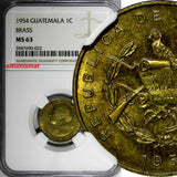 Guatemala Brass 1954 1 Centavo NGC MS63 TOP GRADED BY NGC KM# 254 (022)