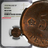 Finland Republic Copper 1918 5 Penniä NGC MS63 BN 1 GRADED HIGHEST KM# 22 (026)