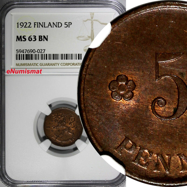 Finland Copper 1922 5 Penniä NGC MS63 BN TOP  GRADED KM# 22 (027)