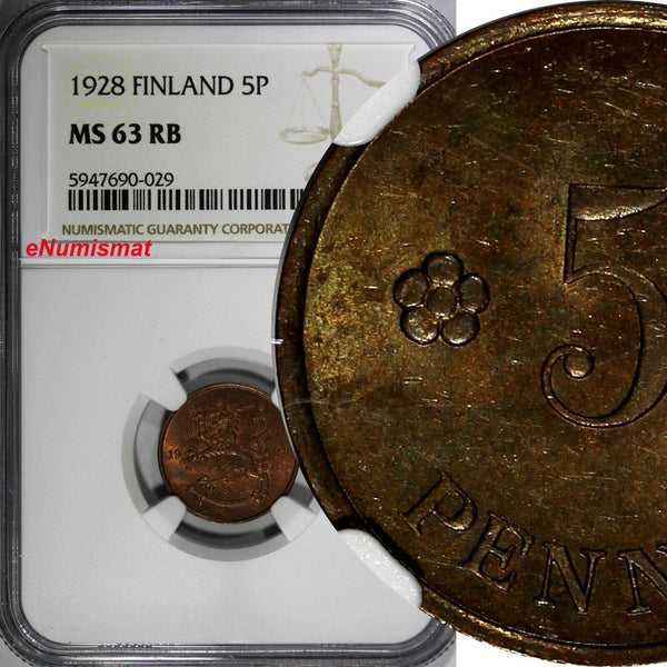 Finland Copper 1928 5 Penniä NGC MS63 RB TOP  GRADED KM# 22 (029)