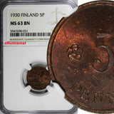 Finland Copper 1930 5 Penniä NGC MS63 BN BETTER DATE TOP  GRADED KM# 22 (031)