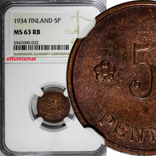 Finland Copper 1934 5 Penniä NGC MS63 RB TOP  GRADED BY NGC KM# 22 (032)
