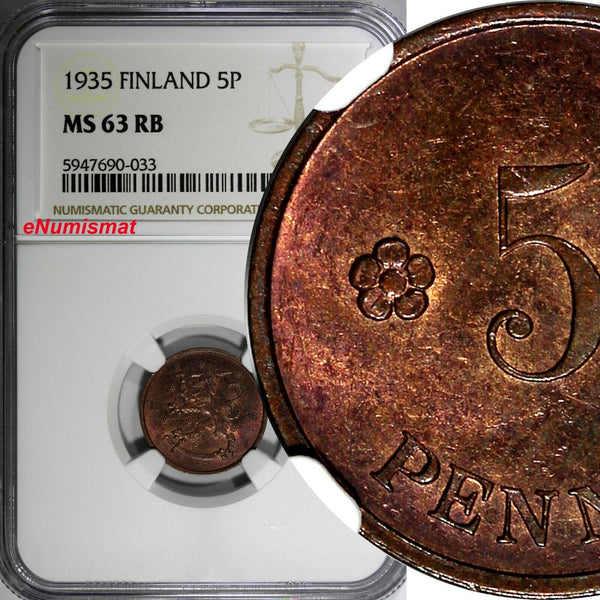 Finland Copper 1935 5 Penniä NGC MS63 RB TOP GRADED BY NGC KM# 22 (033)