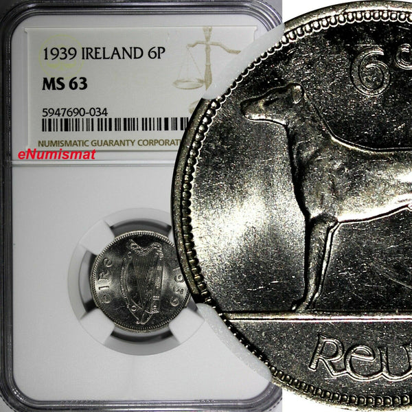IRELAND Republic 1939 6 Pence NGC MS63 2 YEARS TYPE Irish Wolfhound KM# 13 (034)