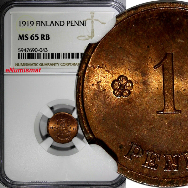 Finland Copper 1919 1 Penni NGC MS65 RB 1st Year Type TOP GRADED KM# 23 (043)