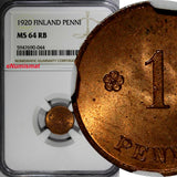 Finland Copper 1920 1 Penni NGC MS64 RB Mintage-720,000 TOP GRADED KM# 23 (044)