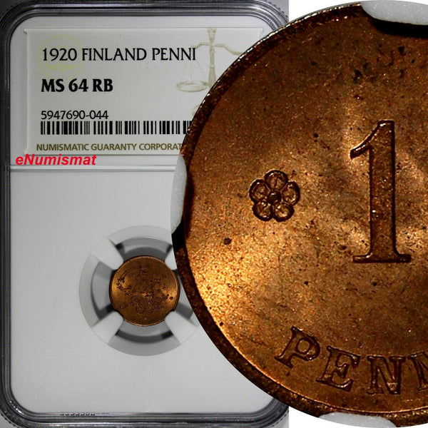 Finland Copper 1920 1 Penni NGC MS64 RB Mintage-720,000 TOP GRADED KM# 23 (044)
