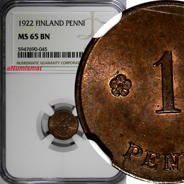 Finland Copper 1922 1 Penni NGC MS65 BN TOP GRADED BY NGC KM# 23 (045)