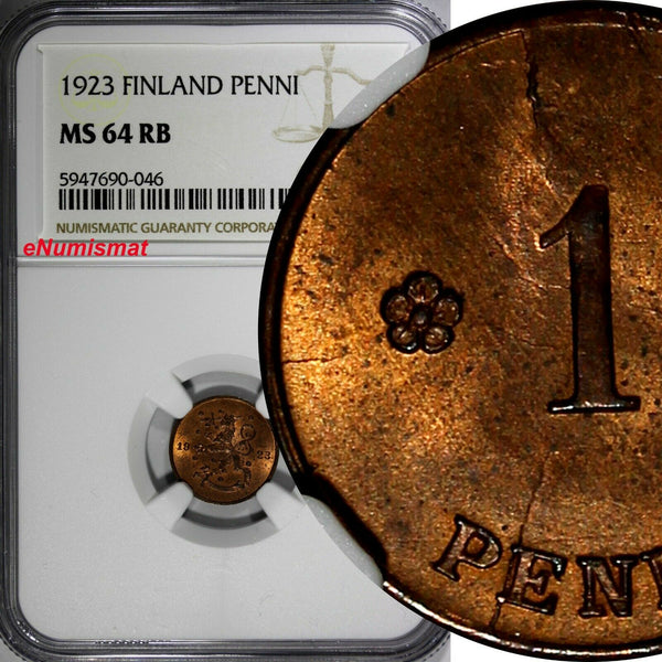 Finland Copper 1923 1 Penni NGC MS64 RB TOP GRADED BY NGC KM# 23 (046)