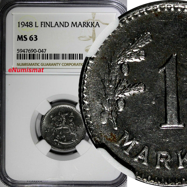 Finland Iron 1948 L 1 Markka NGC MS63 KM# 30b (047)