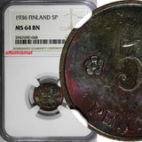 Finland Copper 1936 5 Penniä NGC MS64 BN TOP  GRADED BY NGC KM# 22 (048)