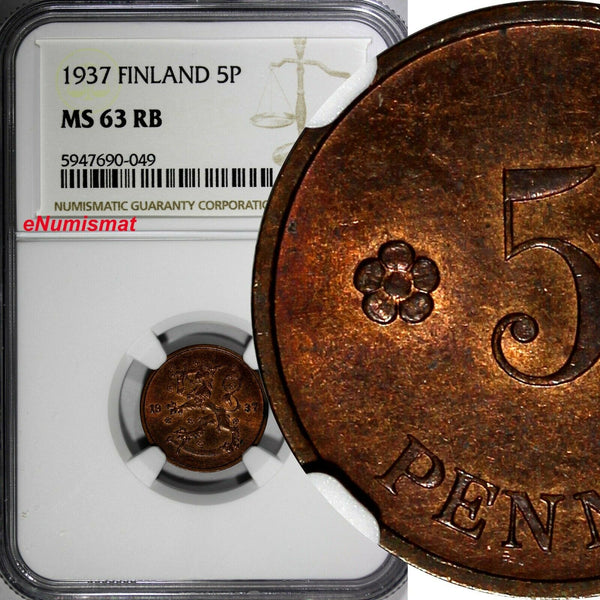 Finland Copper 1937 5 Penniä NGC MS63 RB TOP  GRADED BY NGC KM# 22 (049)