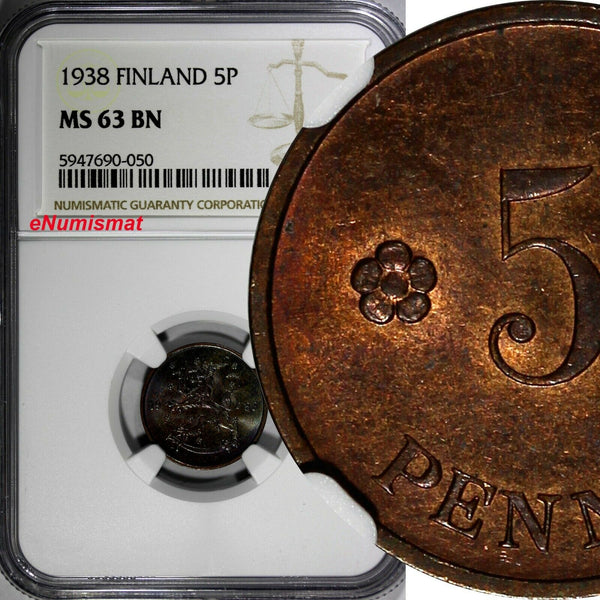 Finland Copper 1938 5 Penniä NGC MS63 BN TOP  GRADED BY NGC KM# 22 (050)