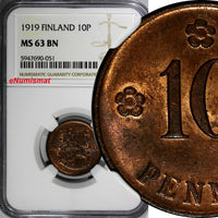 Finland Copper 1919 10 Pennia NGC MS63 RB 1st Year Type TOP GRADED KM# 24 (051)