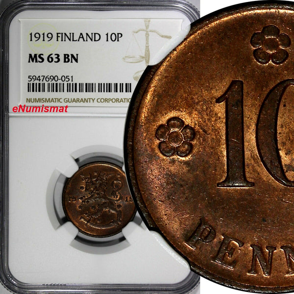 Finland Copper 1919 10 Pennia NGC MS63 RB 1st Year Type TOP GRADED KM# 24 (051)
