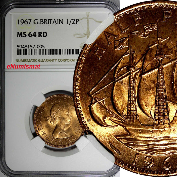 GREAT BRITAIN Elizabeth II 1967 1/2 Penny NGC MS64 RD FULL RED KM# 896 (005)