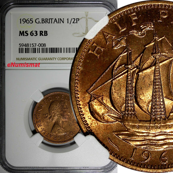 GREAT BRITAIN Elizabeth II Bronze 1965 1/2 Penny NGC MS63 RB KM# 896 (008)