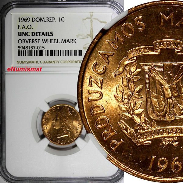 Dominican Republic Bronze 1969 1 Centavo NGC UNC DETAILS F.A.O. RED KM# 32 (015)