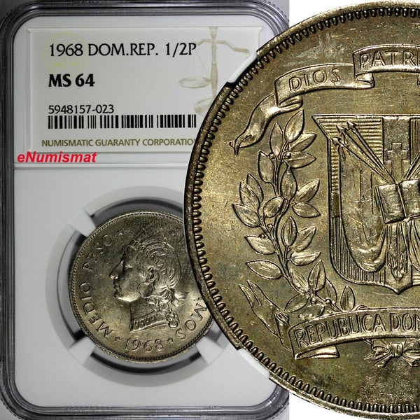 Dominican Republic 1968 1/2 Peso NGC MS64 Mintage-600 000 KM# 21a.1 (023)