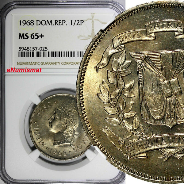 Dominican Republic 1968 1/2 Peso NGC MS65+ PLUS Mintage-600 000 KM# 21a.1 (025)