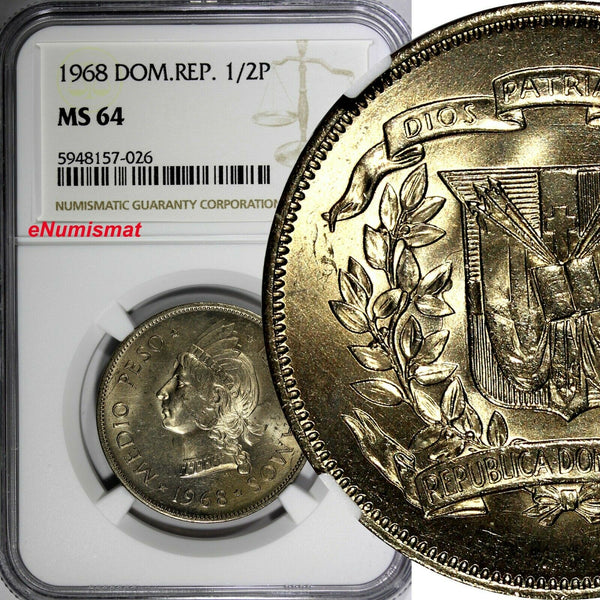 Dominican Republic 1968 1/2 Peso NGC MS64 Mintage-600 000 KM# 21a.1 (026)