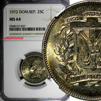 DOMINICAN REPUBLIC 1972 25 Centavos NGC MS64 GEM Mintage-800,000 KM# 20a.1 (027)