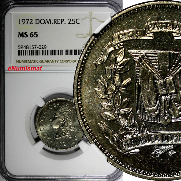 DOMINICAN REPUBLIC 1972 25 Centavos NGC MS65 GEM Mintage-800,000 KM# 20a.1 (029)