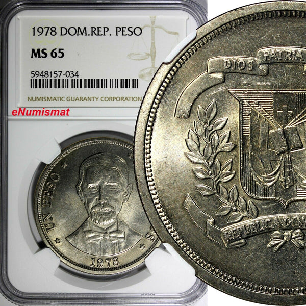 Dominican Republic 1978 1 Peso NGC MS65 Mintage-35,000 Toning KM# 53 (034)