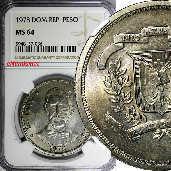 Dominican Republic 1978 1 Peso NGC MS64 Mintage-35,000 Toning KM# 53 (036)