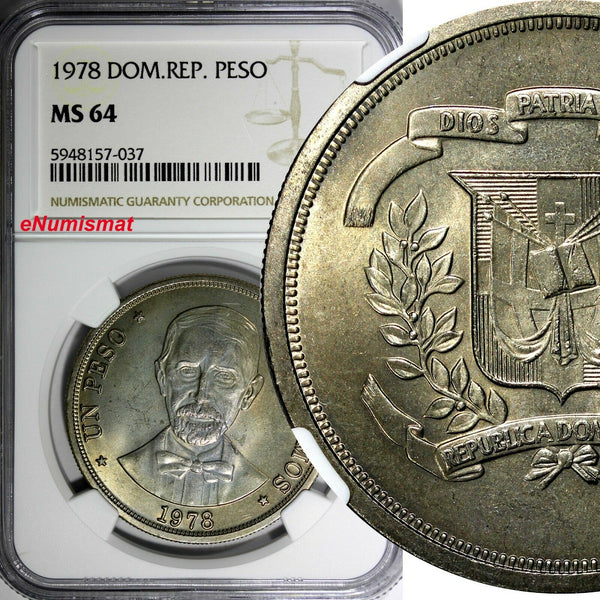 Dominican Republic 1978 1 Peso NGC MS64 Mintage-35,000 Toning KM# 53 (037)