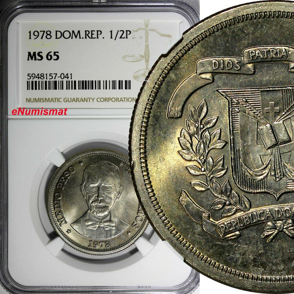 Dominican Republic Copper-Nickel 1978 1/2 Peso NGC MS65 Mintage-296,000 KM#52(1)