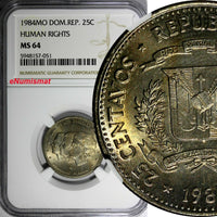 DOMINICAN REPUBLIC 1984 25 Centavos NGC MS64 Mirabal Sisters Toned KM# 61.1 (51)