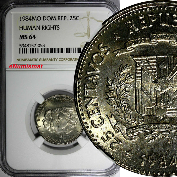 DOMINICAN REPUBLIC 1984 25 Centavos NGC MS64 Mirabal Sisters Toned KM# 61.1 (53)