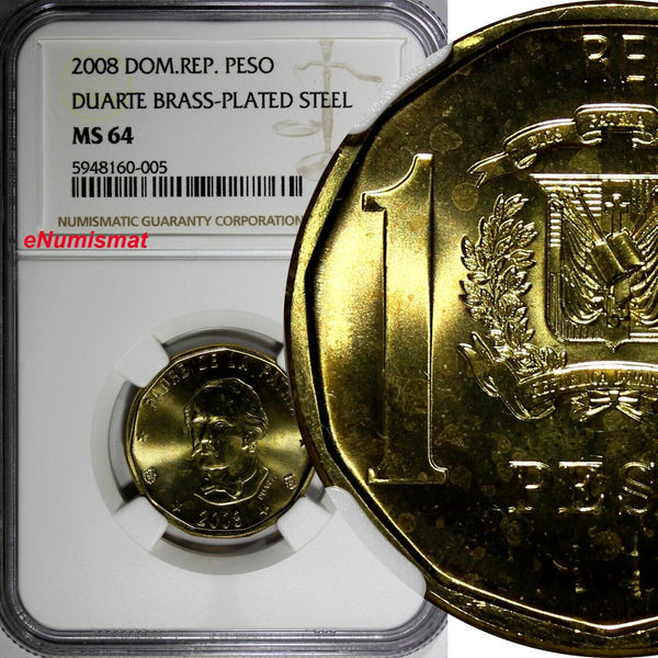 Dominican Republic 2008 1 Peso Magnetic NGC MS64 Juan Pablo Duarte KM# 80.2 (05)