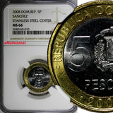 Dominican Republic Sánchez 2008 5 Pesos Magnetic NGC MS66 KM# 89 (010)