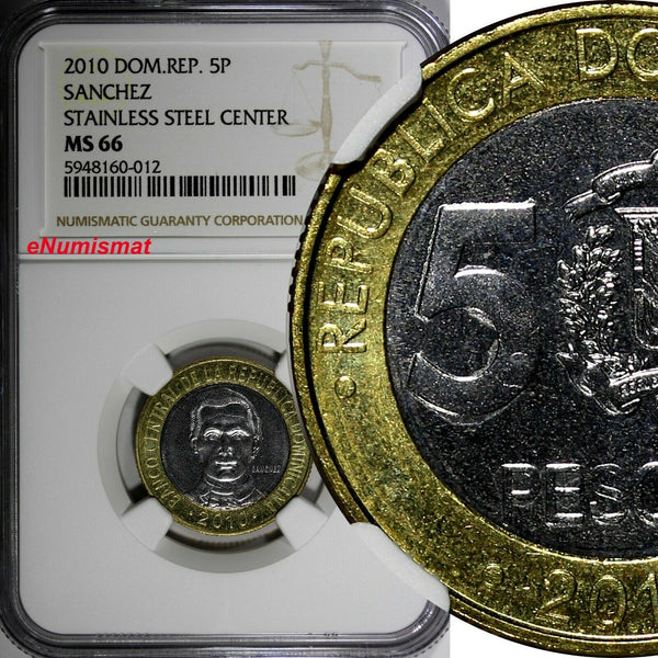 Dominican Republic Sánchez 2010 5 Pesos Magnetic NGC MS66 Poland Mint KM# 89(2)