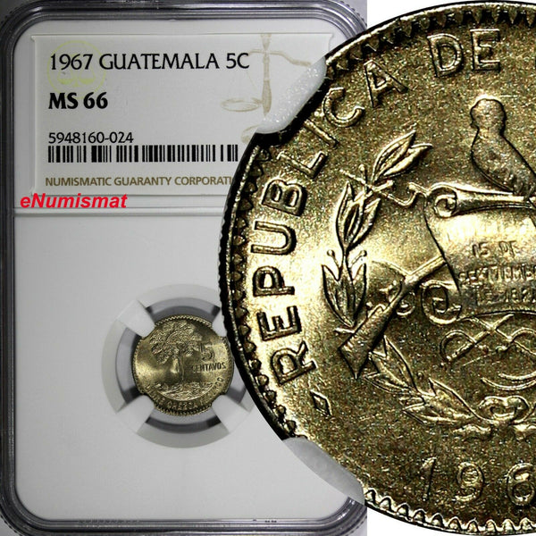 Guatemala 1967 5 Centavos LARGE DATE NGC MS66 TOP GRADED KM# 266.1 (024)