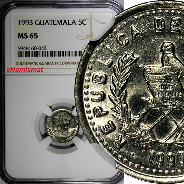 Guatemala 1993 5 Centavos Smaller letters.Dots NGC MS65 TOP GRADED KM# 276.4 (2)
