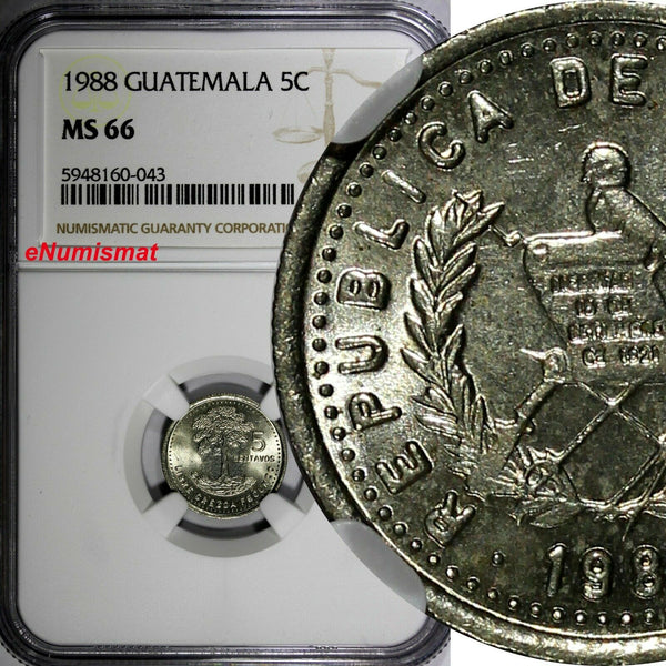 Guatemala 1988 5 Centavos Smaller letters.Dots NGC MS66 TOP GRADED KM# 276.4 (3)