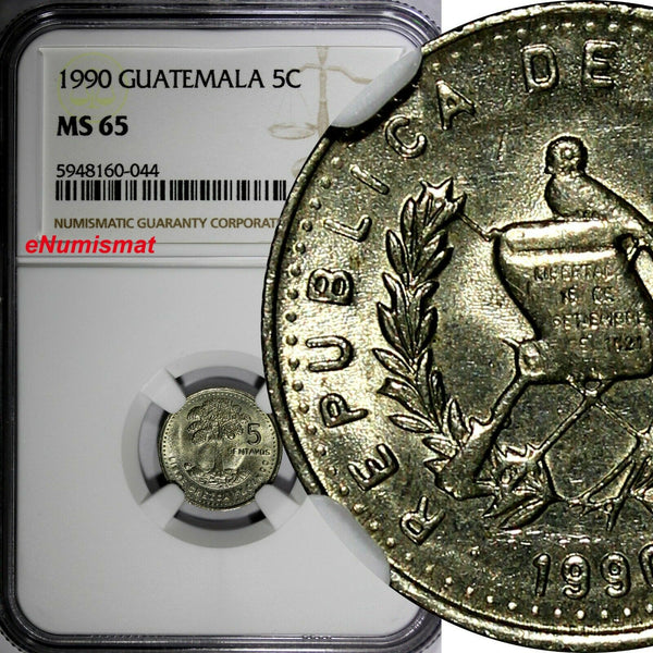 Guatemala 1990 5 Centavos Smaller letters.Dots NGC MS65 TOP GRADED KM# 276.4 (4)
