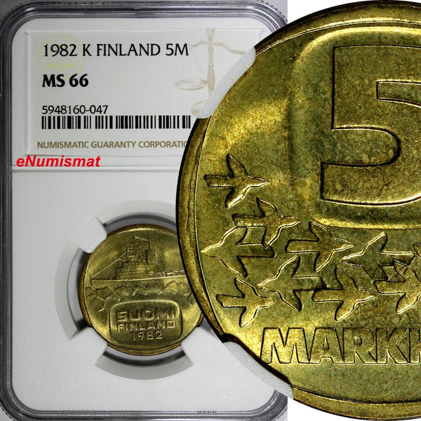 Finland Aluminium-Bronze 1982 K 5 Markkaa NGC MS66 TOP GRADED KM# 57 (047)