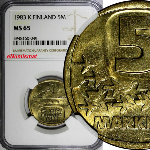 Finland Aluminium-Bronze 1983 K 5 Markkaa NGC MS65 1 GRADED HIGHEST KM# 57 (049)