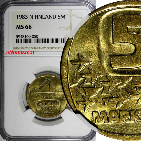 Finland Aluminium-Bronze 1983 N 5 Markkaa NGC MS66 TOP GRADED KM# 57 (050)